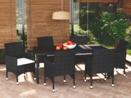 vidaXL 7 Piece Patio Dining Set with Cushions Poly Rattan Black