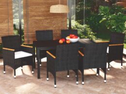 vidaXL 7 Piece Patio Dining Set with Cushions Poly Rattan Black