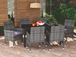 vidaXL 7 Piece Patio Dining Set with Cushions Poly Rattan Gray