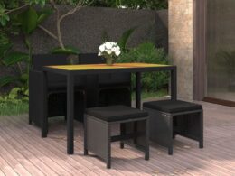vidaXL 5 Piece Patio Dining Set with Cushions Poly Rattan Black