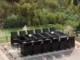 vidaXL 13 Piece Patio Dining Set with Cushions Poly Rattan Black