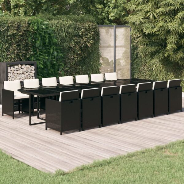 vidaXL 15 Piece Patio Dining Set with Cushions Poly Rattan Black
