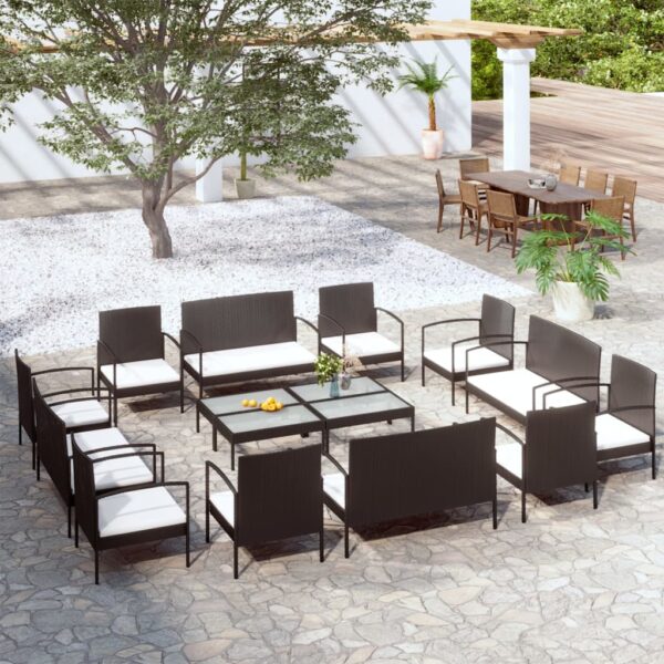 vidaXL 16 Piece Patio Lounge Set with Cushions Poly Rattan Black
