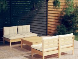 vidaXL 5 Piece Patio Lounge Set with Cream Cushions Pinewood