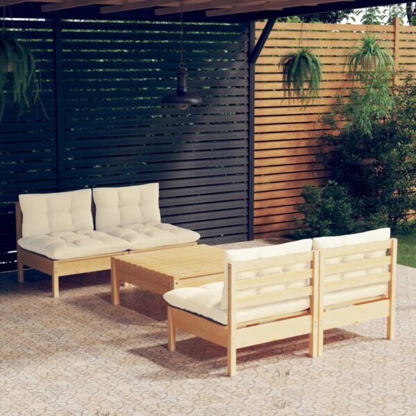 vidaXL 5 Piece Patio Lounge Set with Cream Cushions Pinewood