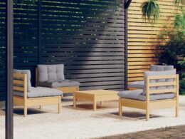vidaXL 5 Piece Patio Lounge Set with Gray Cushions Pinewood