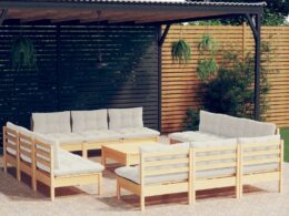 vidaXL 13 Piece Patio Lounge Set with Cream Cushions Pinewood
