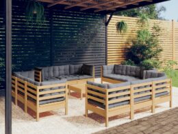 vidaXL 13 Piece Patio Lounge Set with Gray Cushions Pinewood