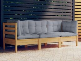 vidaXL 3-Seater Patio Sofa with Gray Cushions Solid Pinewood