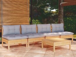 vidaXL 5 Piece Patio Lounge Set with Gray Cushions Pinewood
