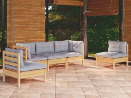 vidaXL 5 Piece Patio Lounge Set with Gray Cushions Solid Pinewood