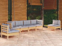 vidaXL 6 Piece Patio Lounge Set with Gray Cushions Solid Pinewood