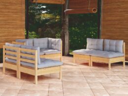 vidaXL 6 Piece Patio Lounge Set with Gray Cushions Solid Pinewood