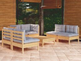 vidaXL 7 Piece Patio Lounge Set with Gray Cushions Solid Pinewood