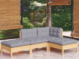 vidaXL 4 Piece Patio Lounge Set with Gray Cushions Solid Pinewood
