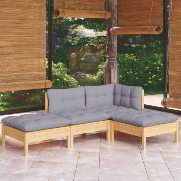 vidaXL 4 Piece Patio Lounge Set with Gray Cushions Solid Pinewood