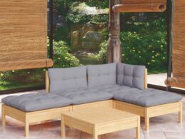 vidaXL 5 Piece Patio Lounge Set with Gray Cushions Pinewood