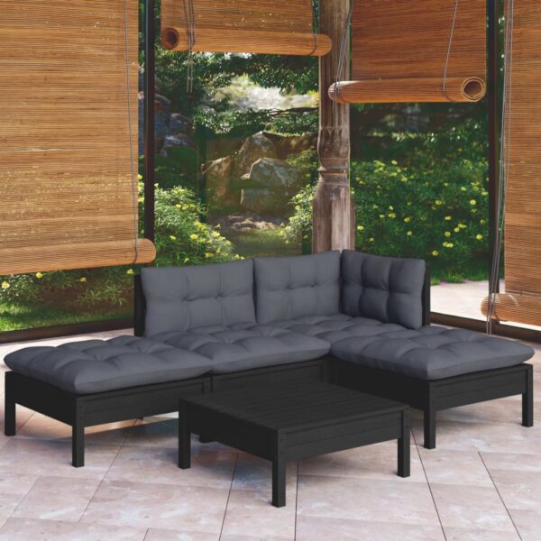 vidaXL 5 Piece Patio Lounge Set with Cushions Black Pinewood