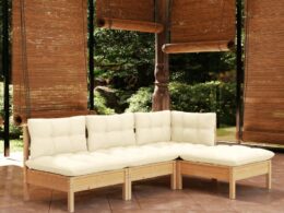 vidaXL 4 Piece Patio Lounge Set with Cream Cushions Pinewood