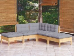 vidaXL 5 Piece Patio Lounge Set with Gray Cushions Pinewood