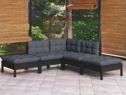 vidaXL 5 Piece Patio Lounge Set with Cushions Black Pinewood