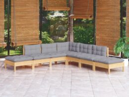 vidaXL 7 Piece Patio Lounge Set with Gray Cushions Pinewood