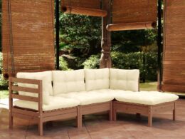 vidaXL 4 Piece Patio Lounge Set with Cushions Honey Brown Pinewood