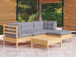vidaXL 5 Piece Patio Lounge Set with Gray Cushions Pinewood