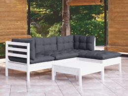 vidaXL 5 Piece Patio Lounge Set with Cushions White Pinewood