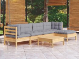 vidaXL 6 Piece Patio Lounge Set with Gray Cushions Pinewood