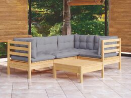 vidaXL 5 Piece Patio Lounge Set with Gray Cushions Pinewood