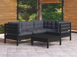 vidaXL 5 Piece Patio Lounge Set with Cushions Black Pinewood