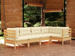 vidaXL 5 Piece Patio Lounge Set with Cream Cushions Pinewood