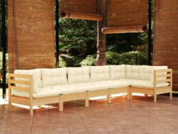 vidaXL 6 Piece Patio Lounge Set with Cream Cushions Pinewood