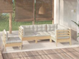 vidaXL 5 Piece Patio Lounge Set with Cream Cushions Pinewood