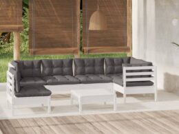 vidaXL 7 Piece Patio Lounge Set with Cushions White Pinewood