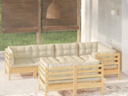 vidaXL 7 Piece Patio Lounge Set with Cream Cushions Solid Pinewood