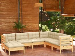vidaXL 7 Piece Patio Lounge Set with Cream Cushions Solid Pinewood
