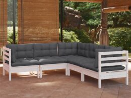 vidaXL 5 Piece Patio Lounge Set with Cushions White Solid Pinewood