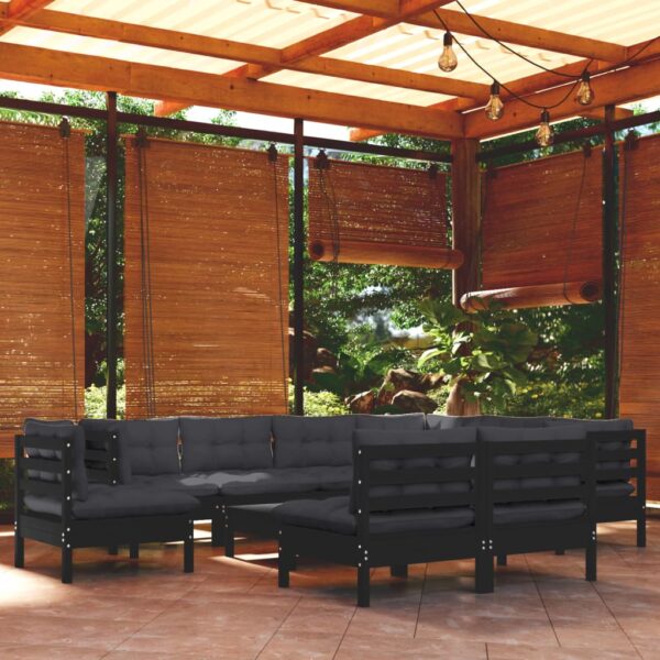 vidaXL 10 Piece Patio Lounge Set with Cushions Black Solid Pinewood