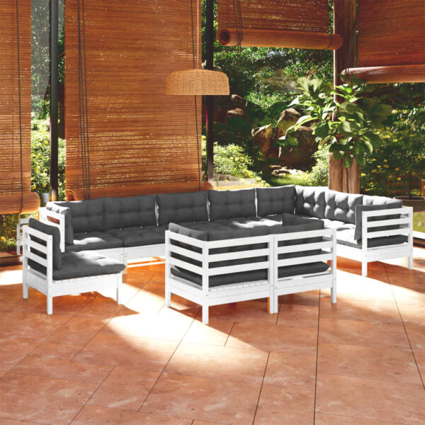 vidaXL 10 Piece Patio Lounge Set with Cushions White Solid Pinewood