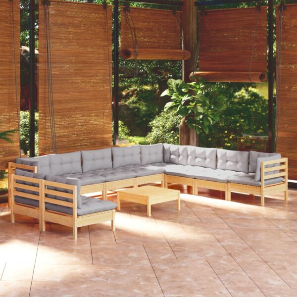 vidaXL 11 Piece Patio Lounge Set with Gray Cushions Solid Pinewood