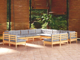 vidaXL 13 Piece Patio Lounge Set with Gray Cushions Solid Pinewood