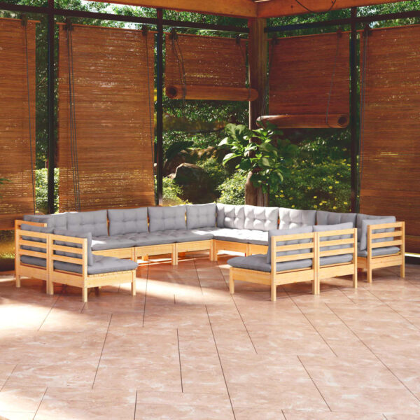 vidaXL 13 Piece Patio Lounge Set with Gray Cushions Solid Pinewood