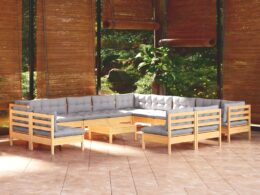 vidaXL 14 Piece Patio Lounge Set with Gray Cushions Solid Pinewood