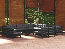 vidaXL 14 Piece Patio Lounge Set with Cushions Black Solid Pinewood