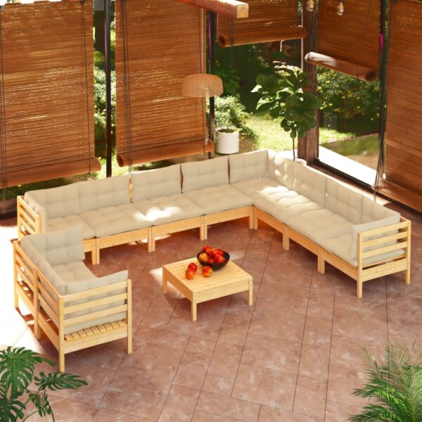 vidaXL 11 Piece Patio Lounge Set with Cream Cushions Solid Pinewood