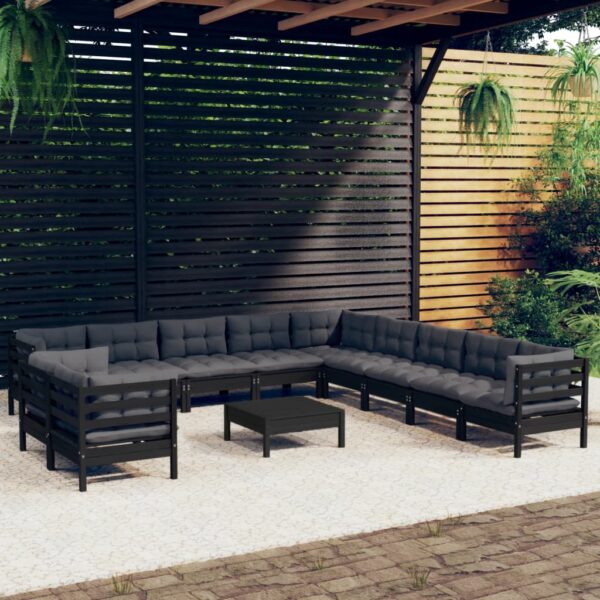 vidaXL 12 Piece Patio Lounge Set with Cushions Black Solid Pinewood