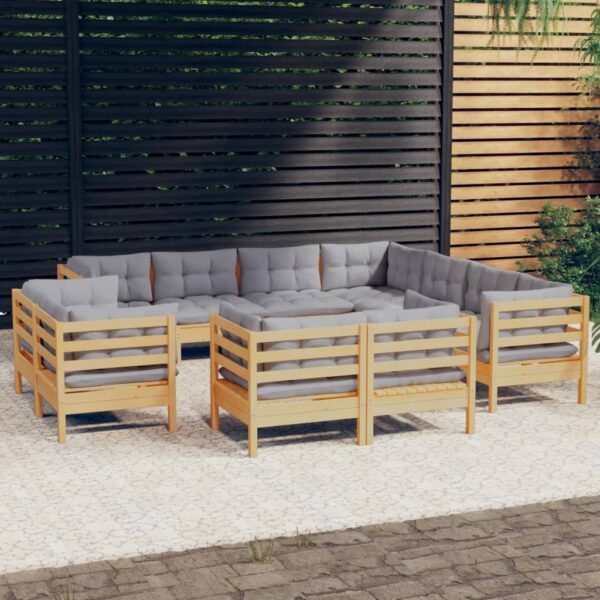 vidaXL 11 Piece Patio Lounge Set with Gray Cushions Solid Pinewood