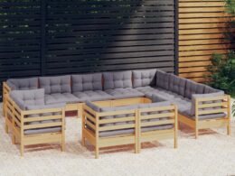 vidaXL 12 Piece Patio Lounge Set with Gray Cushions Solid Pinewood